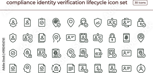 Compliance identity verification lifecycle outline icon set illustrating biometric authentication credential approval regulatory onboarding validation and governance workflow systems