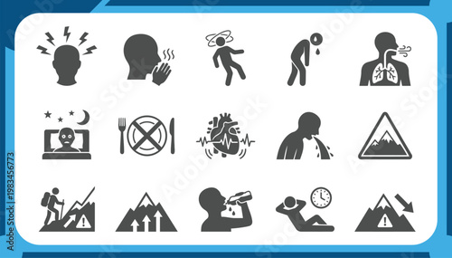 Large Collection of Altitude Sickness Icons Featuring Health Symptoms, Mountain Sickness Warning, Shortness of Breath, Dizziness and High Altitude Safety Graphic Elements Vector Set