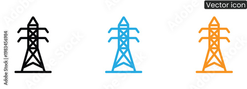 Fotografia Vector icons of electric power transmission towers in black, blue, and orange, i