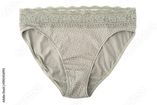 A piece of underwear features a lace band at the top with small polka dots across the fabric. This item is displayed against a plain background for online shopping