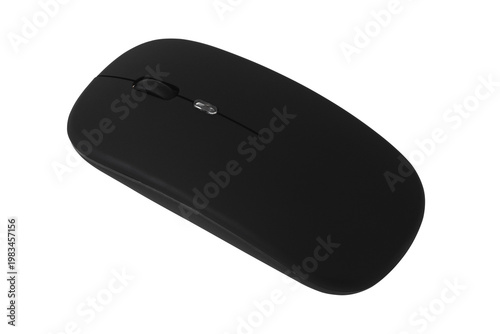 A black wireless computer mouse is displayed on a white background. This device is commonly used in office and home settings for browsing and navigating on computers or laptops