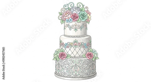 Elegant Three Tier White Wedding Cake With Floral Decorations.