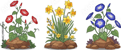 Colorful Flower Garden Set with Red, Yellow, and Blue Blossom Illustrations of Poppies, Daffodils, and Morning Glories for Nature Designs