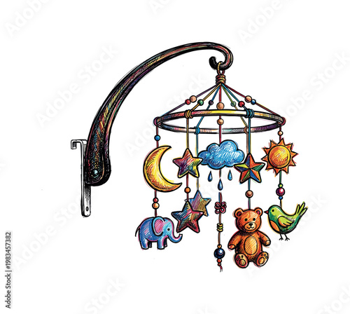 Baby crib mobile with hanging shapes and curved support arm forming soothing sleep accessory with balanced composition in