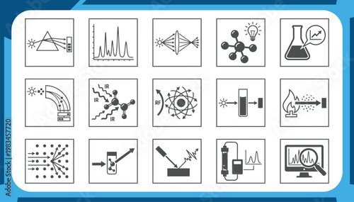 Large Collection of Scientific Analysis Icons Featuring Light Spectroscopy, Prism Dispersion, Atomic Structure, Laboratory Research and Chemical Analysis Graphic Elements Vector Set