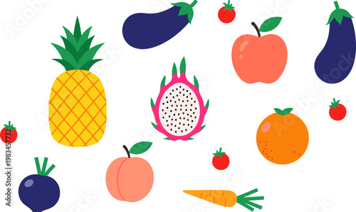 Colorful Fruit and Vegetable Vector Set Featuring Pineapple, Dragon Fruit, Apple, Tomato, Carrot, and More for Healthy Eating, Food, and Nature Illustrations