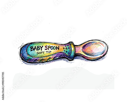 Baby spoon with soft tip and short handle designed for safe feeding and gentle use in expressive vibrant multicolor pen sketch