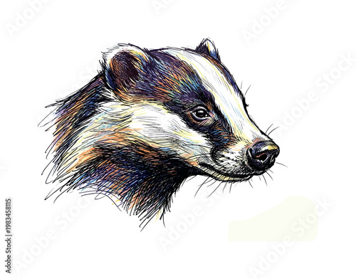 Badger head portrait in three-quarter view with broad muzzle and distinctive facial stripe pattern forming strong structured