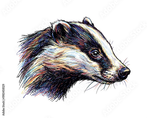 Badger head profile facing right with stout muzzle and layered fur emphasized through directional pen strokes and contour flow,
