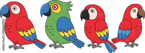 Vector Set of Colorful Parrot Illustrations with Bright Feathers, Perfect for Animal, Birdwatching, and Tropical Designs
