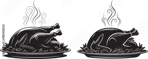 Pair of roast chickens on serving platters with roast chicken food preparation side dish main course home cooking party food comfort food service thanksgiving christmas delicious