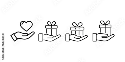 Hands holding heart and gift box icons representing charity donation and volunteer support or holiday celebration giving symbols for web and app design