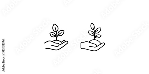 Green plant in hands minimal icon on white background, eco environment and care for nature, seedling in hand, vector illustration in line style
