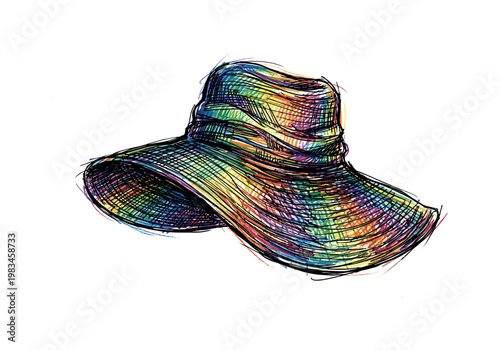 Beach hat with wide brim and soft fabric folds forming classic sun protection accessory with elegant curved shape in expressive