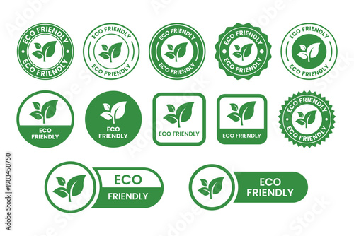 Set of eco friendly green labels and badges featuring leaves and organic design elements	