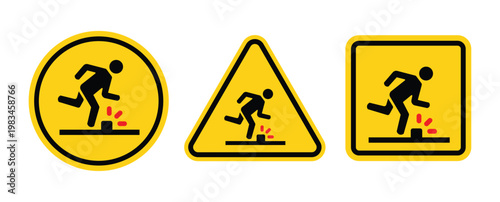 Tripping hazard symbol safety sign. Floor surface obstacle fall caution symbol. Person foot falling beware sign. Vector Illustration.