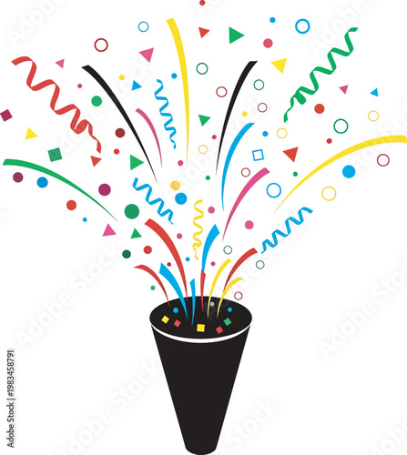 Confetti popper explosion with streamers and shapes party popper white background party supplies celebration explosion streamers confetti surprise birthday anniversary new year decoration