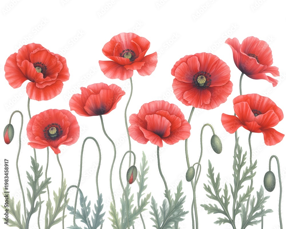 Naklejka premium Collection of red poppy flowers with green stems and leaves arranged in a horizontal row on a white background