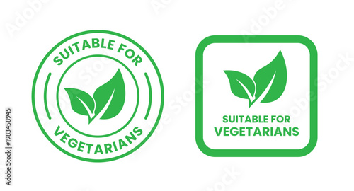 Suitable for Vegetarians Badge, Vegetarian Friendly Label, Veg Product Icon, Green Leaf Symbol, Healthy Organic Food Sticker, Eco Friendly Packaging Sign
