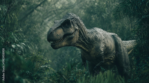 Dinosaur tyrannosaurus loom in misty jungle, prehistoric wildlife visible as a fierce predator moves through dense forest and ancient foliage, dramatic lighting highlights massive reptile presence