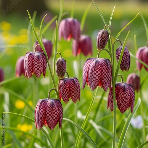 Fritillaria meleagris flowers in a natural meadow setting.