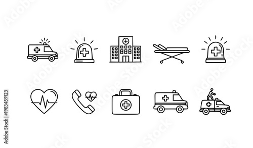 Emergency ambulance hospital line icons medical rescue vehicle healthcare vector set