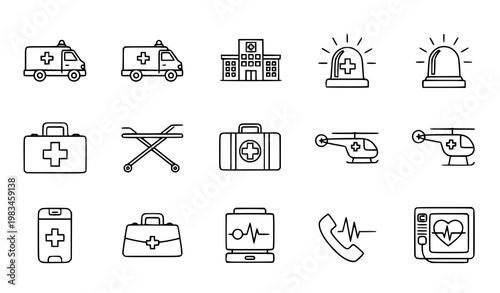 Ambulance emergency medical icon set hospital rescue vehicle healthcare outline vector illustration