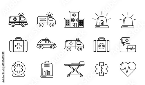 Ambulance emergency vehicle icon set hospital medical rescue outline vector illustration