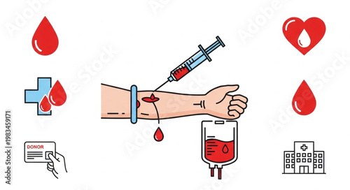 Blood donation procedure with medical icons and hospital building.