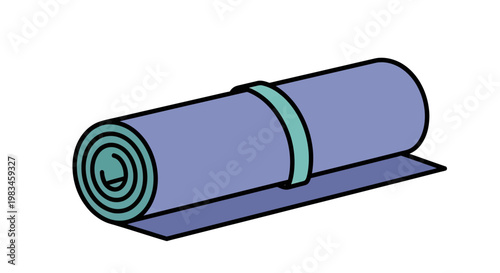 A rolled-up purple mat with a teal band secured around it