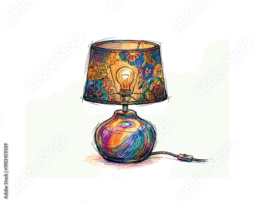 Bedside table lamp with fabric shade and soft rounded base forming a calming cozy object in expressive vibrant multicolor pen