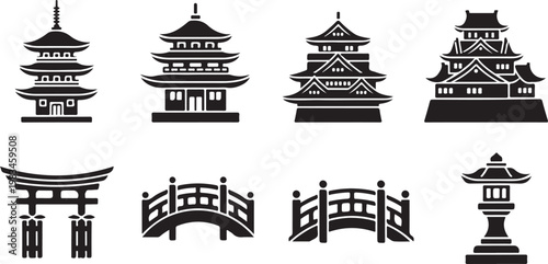 Black and white of traditional pagodas and temples traditional architecture asian building de