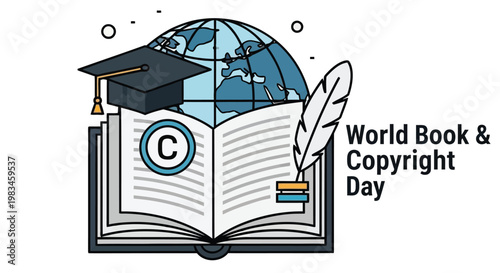 World book and copyright day illustration globe mortarboard and open book