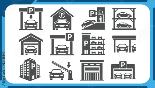 Large Collection of Car Parking Icons Featuring Multi Level Garage, Underground Parking Lot, Automated Barrier Gate, Valet Service and City Infrastructure Graphic Elements Vector Set