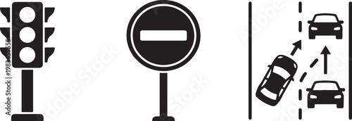 Traffic signals prohibition sign and cars on road symbolizing transportation and traffic control rules safety driving. vector illustration