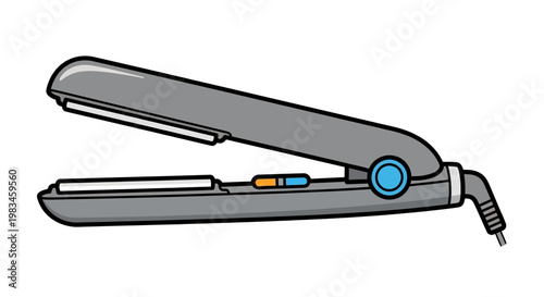 A grey hair straightener with blue and orange accents on a white background