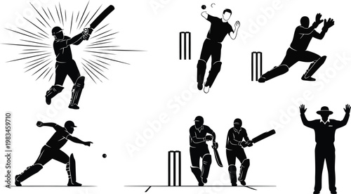 Cricket Player Silhouettes, Black Sports Icons, Vector Athlete Illustrations, Action Poses