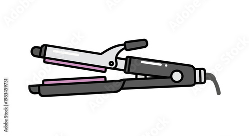 Minimalist illustration of a hair straightener with pink accents and a cord