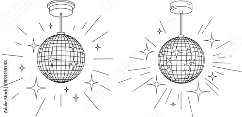 Pair of disco ball illustrations with light rays mirror ball dance floor black and white background dance party lights event lighting nightclub celebration lighting energetic