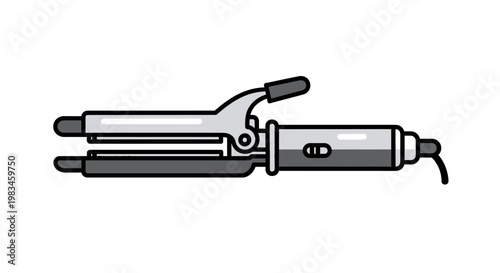 A minimalistic graphic of a silver curling iron with a black handle