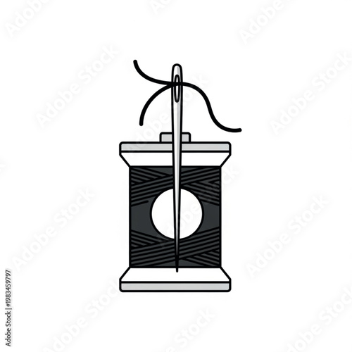A black spool of thread with a needle piercing through the top, representing sewing and tailoring in a simple graphic illustration