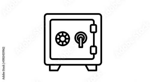 Minimalist line art of a safe with dial and handle, on white