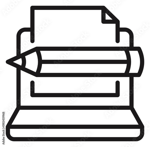 Foto Black line art vector icon of a vintage typewriter with a pencil and a sheet of paper, symbolizing writing, blogging, content creation, journalism, storytelling, and professional copywriting
