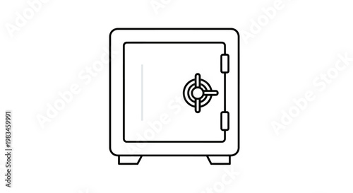 A simple black and white line drawing of a security safe with a dial lock