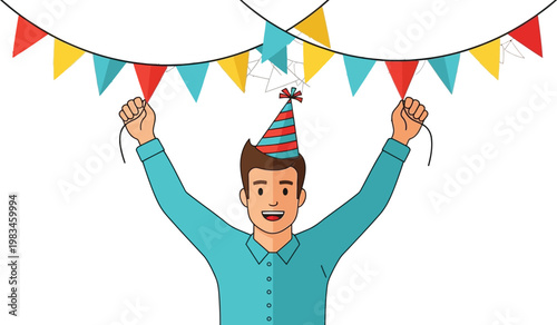 Man celebrates with colorful party banner.