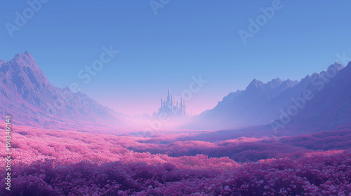 Landscape of pink field of flowers stretching toward a distant castle amid misty mountains, creating a dreamy valley scene with vibrant color and serene atmosphere for fantasy scenery fans