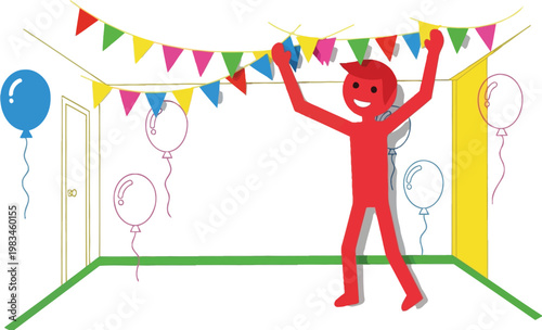 Person celebrates inside decorated room.