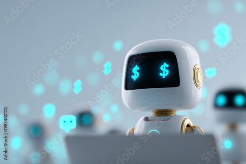 Robot assistant with glowing dollar eyes analyzes data on a screen, symbolizing automation, AI, and online finance in a futuristic office environment elevating efficiency