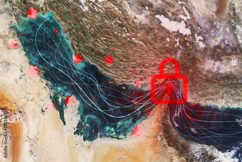 Photography Satellite view of the Persian Gulf featuring a red glowing padlock over the Strait of Hormuz, representing maritime blockade, energy security risks