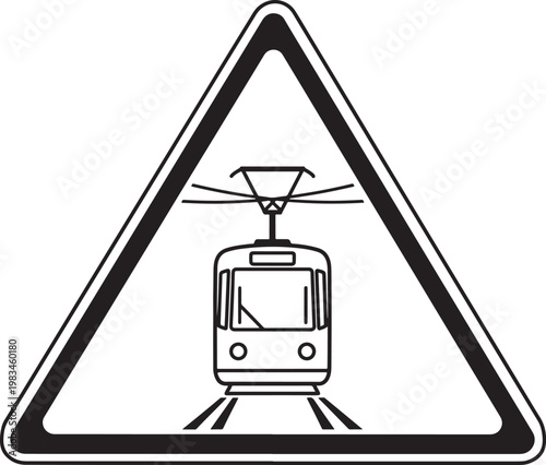 Warning sign for tram or streetcar crossing black and white triangle public transport power line traffic sign alert icon caution sign motor vehicle passenger transport streetcar transportati